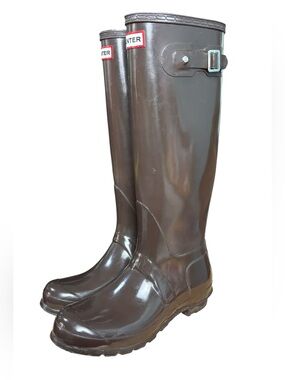 Hunter Original Tall Gloss Knee-High Brown Rain Boots with Buckle sz 7